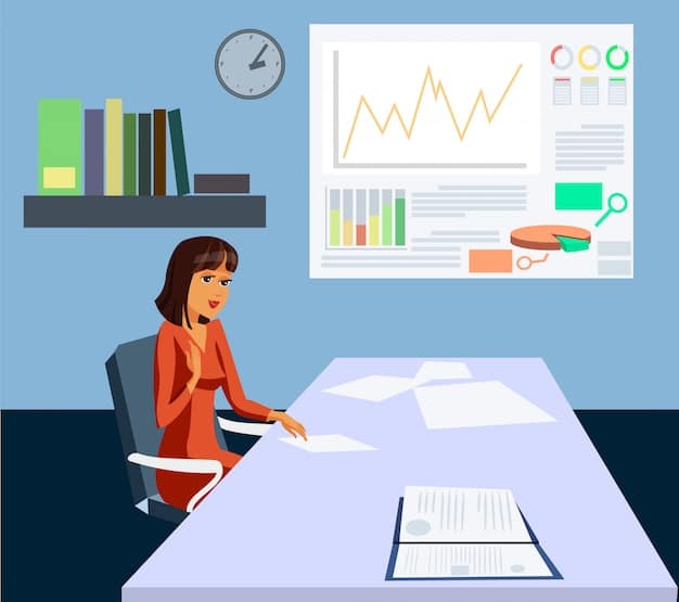 A person sitting at a desk, using a calculator and looking at financial documents. There is a laptop showing graphs and charts in the background. The scene suggests financial planning and analysis.