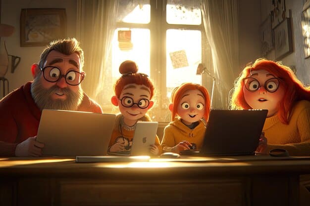 A graphic depicting a family happily gathered around a laptop, reviewing financial documents related to college savings. The image should convey a sense of security and planning for the future.