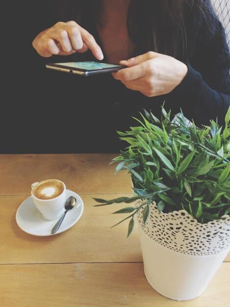 A person using a budgeting app on their smartphone, with a coffee cup and a plant on the desk.