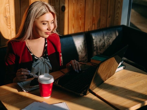A person working on their laptop at a coffee shop, with tax documents and a calculator on the table next to them. The scene captures the lifestyle of a freelancer or self-employed individual managing their finances.