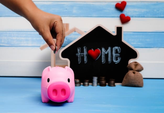 A hand inserting a coin into a piggy bank shaped like a house, symbolizing saving for retirement in an IRA account, with a focus on long-term financial security.
