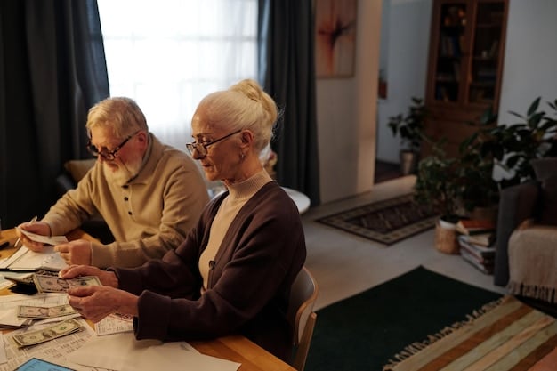 A senior couple reviewing their retirement portfolio with a financial planner in a sunlit living room. They are discussing tax-efficient retirement strategies.