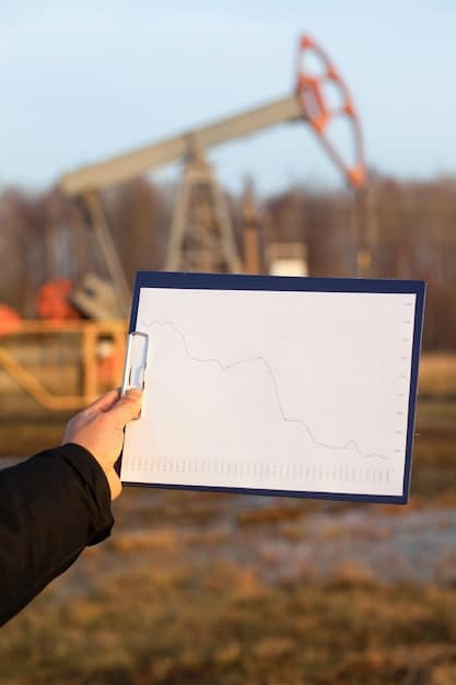 A graph showing the historical trend of oil prices over the past year, with a noticeable spike in recent months. The graph is displayed against a backdrop of an oil refinery.
