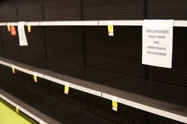 Shelves in a grocery store with price tags that are noticeably higher than usual. The scene is lit with bright fluorescent lights, emphasizing the variety of products affected by rising costs.