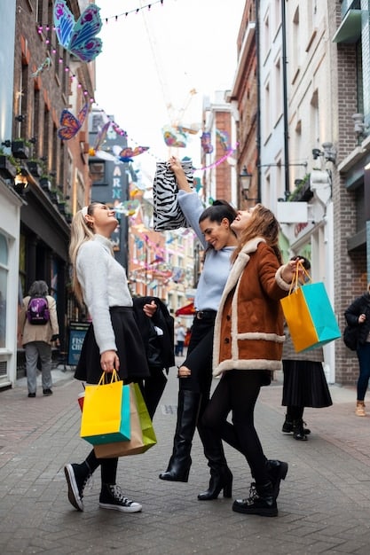 A vibrant street scene showing shoppers with shopping bags, set against a backdrop of both upscale boutiques and discount stores, representing the diverse spectrum of consumer spending habits in the current economic climate.
