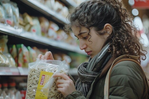 A student comparing prices of different brands of pasta in a grocery store aisle, with a determined expression, showing smart spending habits.