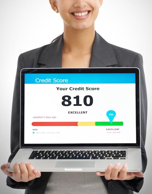 A close-up of a credit score report on a laptop screen, highlighted with annotations pointing out factors like payment history and credit utilization.