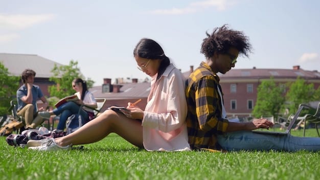 A diverse group of college students studying together on a campus lawn, with a subtle overlay of a medical cross symbol on one of the textbooks, symbolizing health awareness.