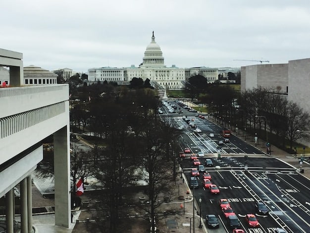 A split image showing, on one side, the U.S. Capitol building symbolizing government health plans, and on the other side, a modern hospital building representing private health insurance providers.