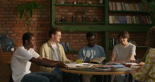 A diverse group of high school students sitting around a table, engaged in a brainstorming session. Each student has a notepad and pen, and there are sticky notes with various ideas and keywords scattered across the table. The atmosphere is collaborative and creative.