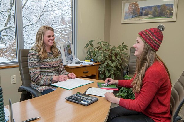 A career counselor is sitting at a desk, reviewing a student's resume and providing feedback. The student is actively listening and taking notes. The scene is set in a well-lit career center with resources and information displayed on the walls.