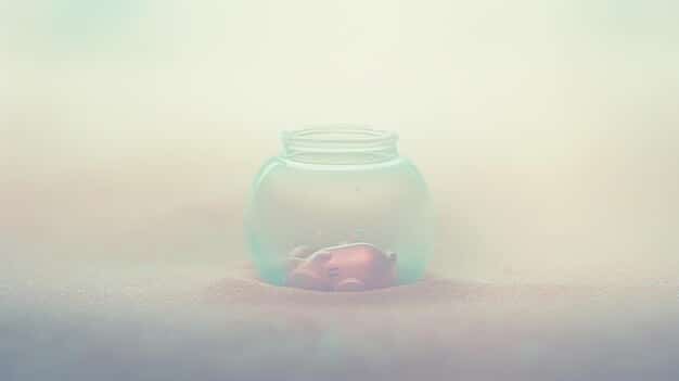 A close-up shot of a hand placing coins into a clear jar labeled 