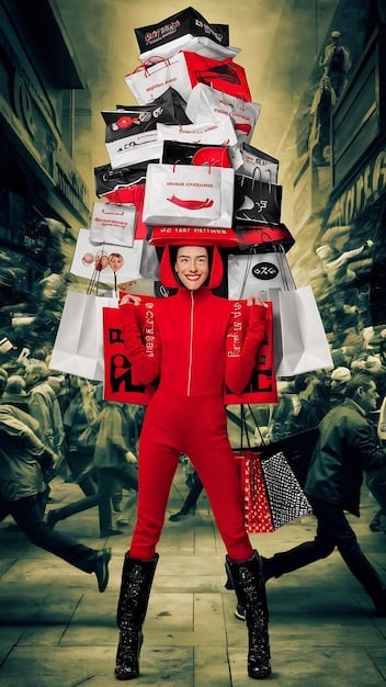 A split image showing impulsive shopping on one side with overflowing shopping bags and a stressed face, and mindful spending on the other side with a curated selection of items and a relaxed, content expression.