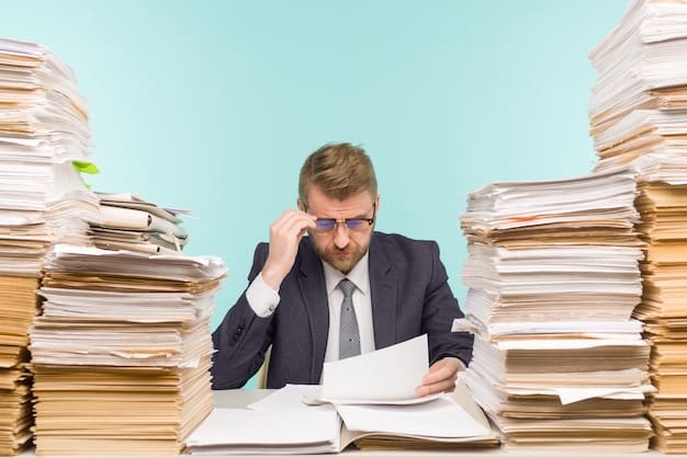 A person looking overwhelmed and confused while staring at a pile of legal documents. The setting is a dimly lit office, and the overall tone of the image suggests the complexity and stress associated with estate planning.