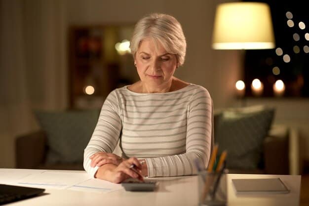 A person looking thoughtfully at a retirement savings statement, with a calculator and pen nearby. The lighting is soft, creating a contemplative atmosphere.