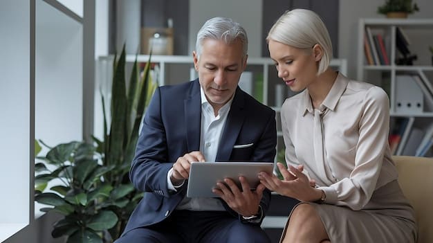 A financial advisor sitting across from a client in an office, reviewing retirement plan options on a tablet.