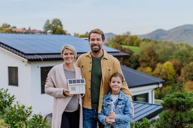 A family smiling as they install solar panels on their home roof. The sun is shining brightly, and the image represents the idea of saving money on energy bills and claiming tax deductions for energy-efficient upgrades.