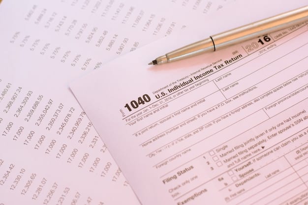 A close-up of a 1040 tax form, with a highlighted section showing common deduction areas like charitable contributions, medical expenses, and home mortgage interest. A pen is hovering over the section, emphasizing the importance of careful review.