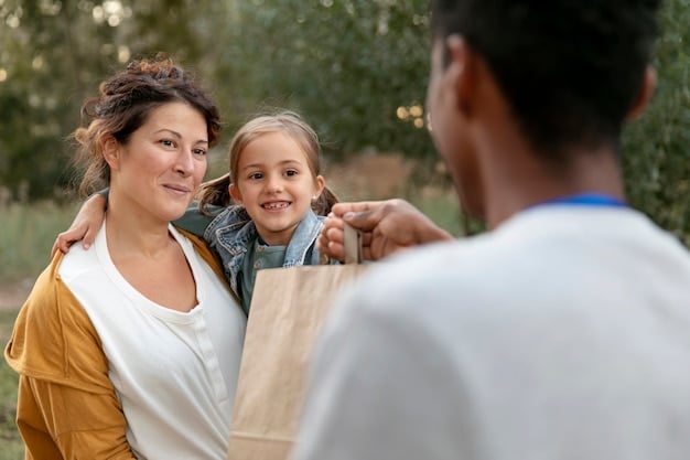 A family smiling and handing a donation check to a representative from a local charity, symbolizing the act of giving back to the community and the tax benefits associated with charitable donations.