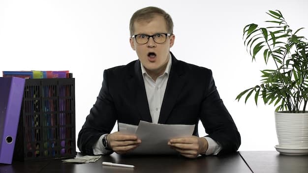 An IRS agent sitting at a desk, reviewing tax documents with a magnifying glass. A stack of files is visible in the background, and the agent has a stern expression.