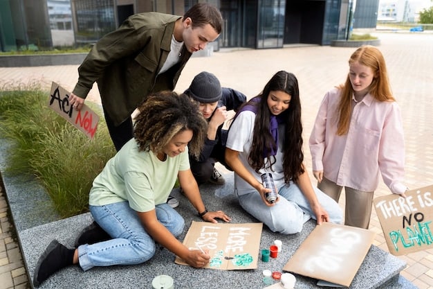 A diverse group of students working together on a community service project, demonstrating teamwork and a commitment to helping others.