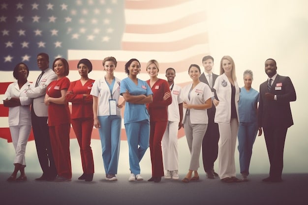 A group of diverse professionals (teacher, nurse, doctor) standing together, symbolizing different professions eligible for loan forgiveness.