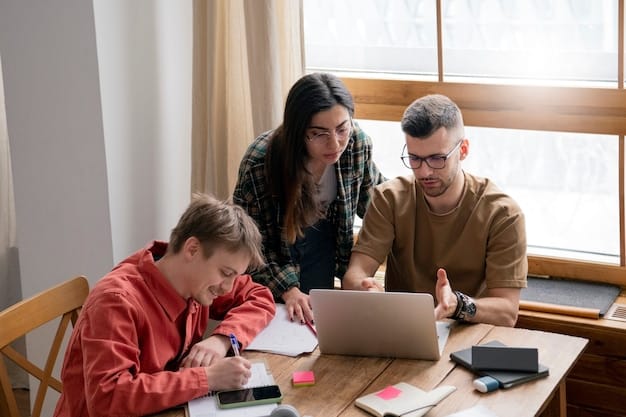 A family sitting around a table, reviewing financial documents together with smiles on their faces. The scene exudes a sense of planning and cooperation related to college funding.