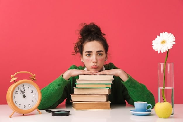 A person sitting at a desk, surrounded by books and notes, with a thoughtful expression on their face. They are holding a pen and looking at a list labeled 