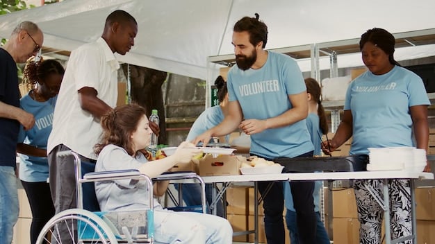 A diverse group of people volunteering at a local charity event, symbolizing charitable giving and community support.