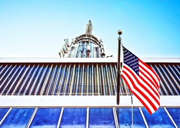 A photograph of the Federal Reserve Board building in Washington, D.C., taken during a sunny day. The American flag is waving in front of the building, symbolizing American economic policy.