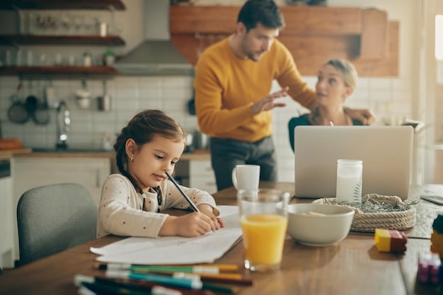 Parents and their child are sitting at a kitchen table, reviewing documents related to education savings accounts. They are using a laptop to research different account options and are engaged in a serious discussion, illustrating the financial planning process.