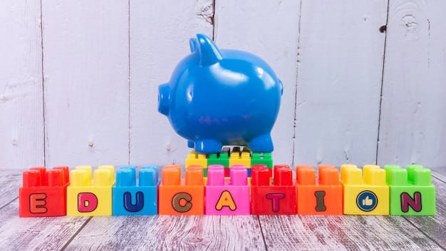 A close-up shot of a smiling child stacking colorful blocks with letters and numbers on them, symbolizing early education. A piggy bank sits nearby, representing the concept of saving for education.