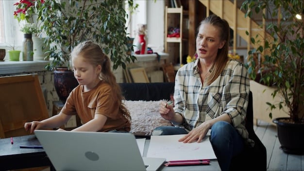 A parent and child sitting at a desk, reviewing documents and a laptop together. The scene is warm and supportive, emphasizing the importance of family involvement in education and financial planning.