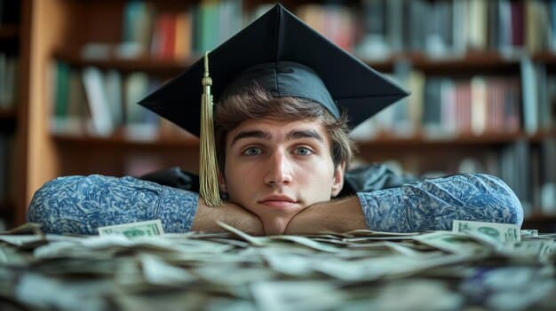 A split-screen image: On one side, a stressed student surrounded by bills; on the other, a relieved graduate with a diploma, symbolizing life after student loan forgiveness.