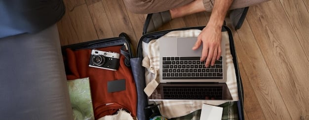 A suitcase open on a hotel bed, with a laptop, business documents, and travel essentials inside. The scene conveys the idea of business travel and being prepared for work on the road.