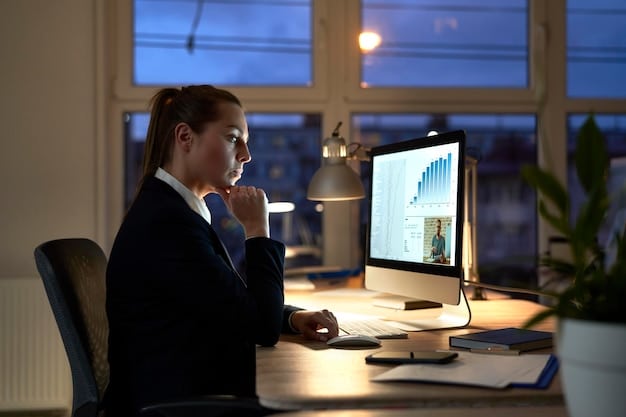 An SEC agent, with a blurred background of computer screens and financial charts, inspecting market activity.